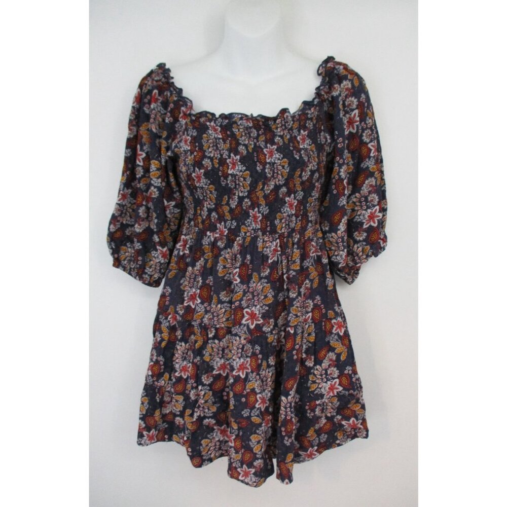 Angie Boho Top Womens Small Dark Floral Paisley Smocked